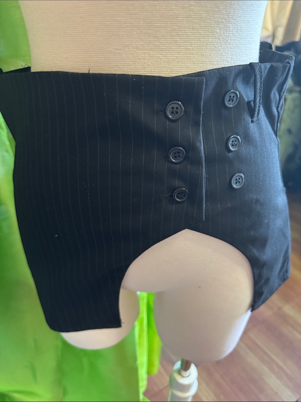 Girls Black Pinstripe Buttoned High-Waist Shorts